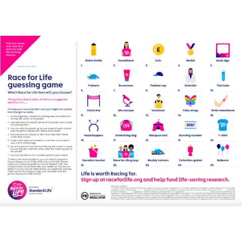 A preview of the Race for Life guessing game sheet.