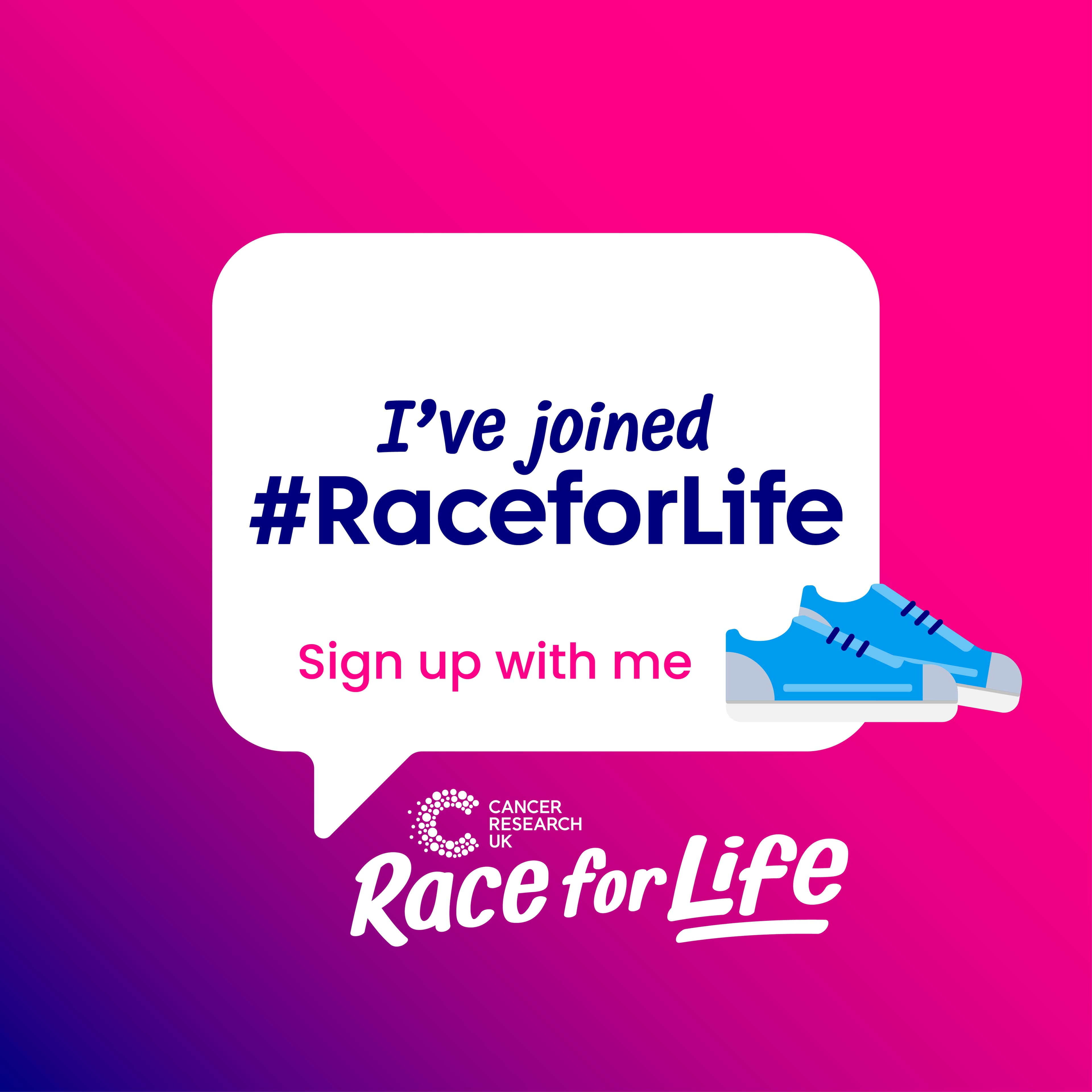 A preview of a social media badge. It says I've joined #RaceForLife Sign up with me in a speech bubble with a trainers icon.